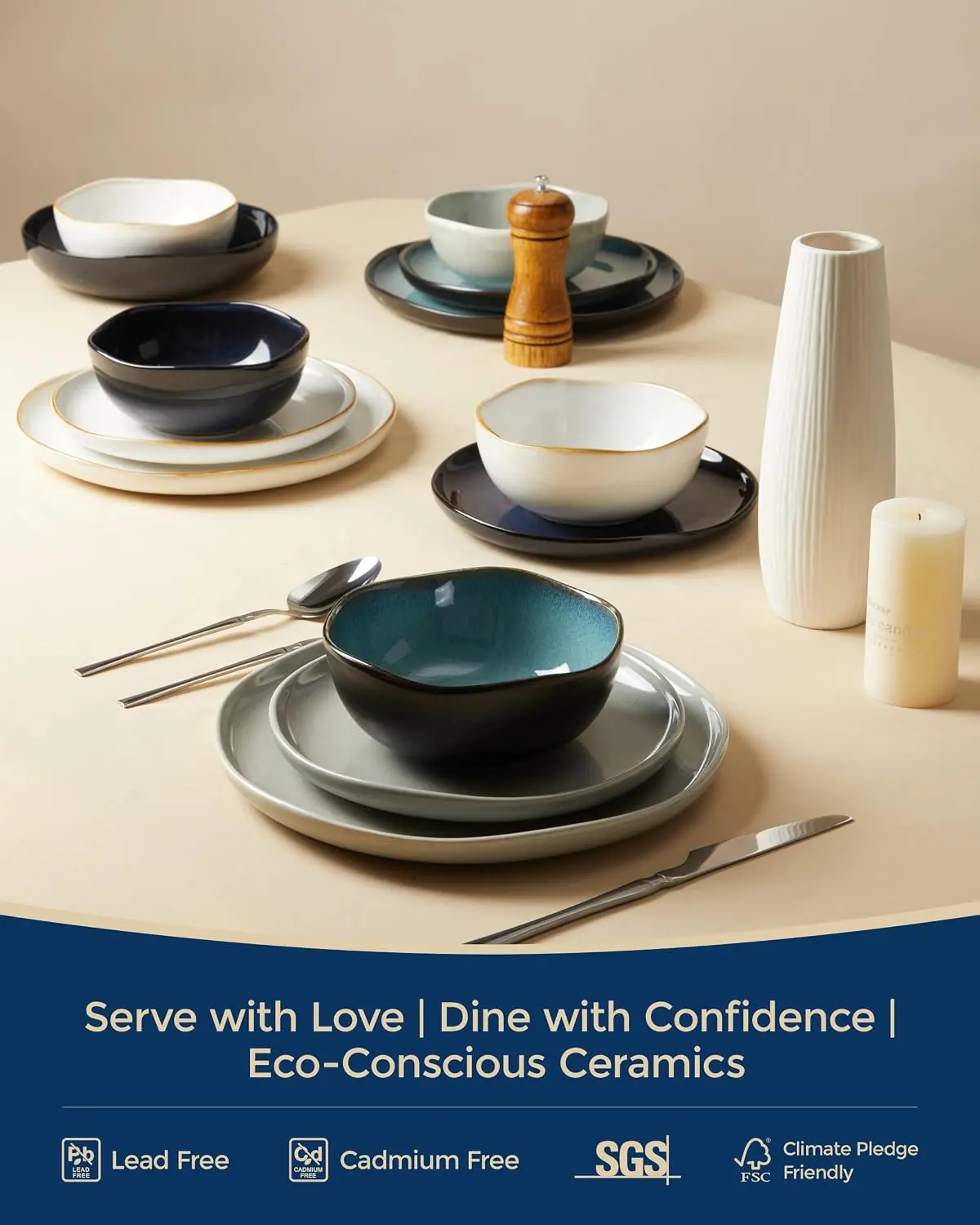 Pokini Stoneware Pasta Bowls Set of 4, 8.26" Large Serving Bowls, Chip Resistant Plate Bowls, Salad Serving Bowl for Lunch, Unique Irregular Look, Starry Blue