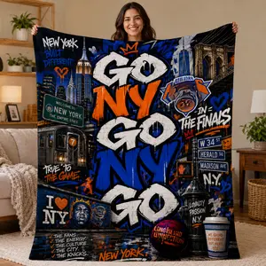 Go NY Go NY Go Throw Blanket, Blue Orange Basketball Inspired Fleece Blanket, Sports Fan Gift