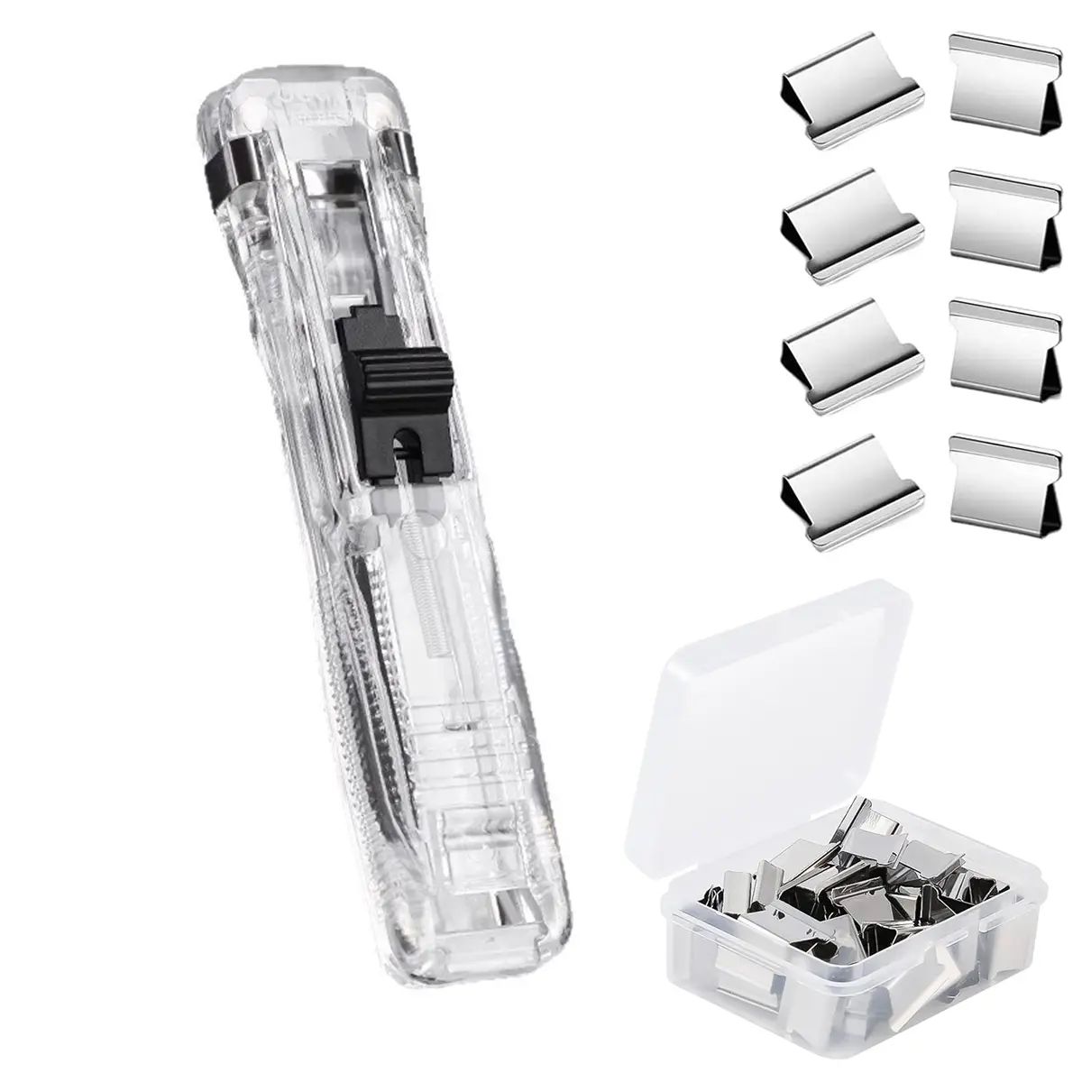 Handheld Paper Clam Clip Dispenser, 50 Reusable Silver Metal Clips in Clear Storage Box, Perfect for Office, School & Home Organization