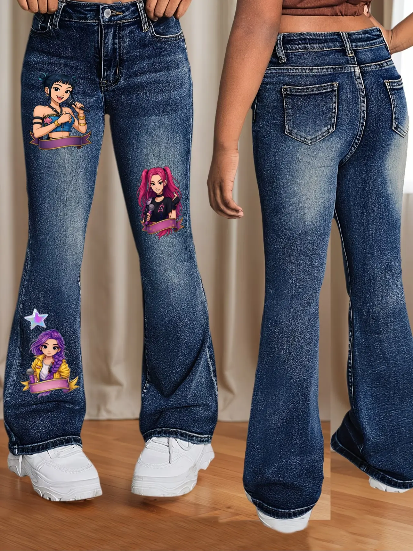 New 2026 Girls' Holiday Flared Jeans, Retro Y2K Style, Cartoon Print Pants, Flare Leg, Distressed Details, Perfect for Spring Summer School Season