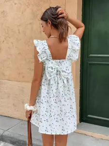 Women's French Style Floral Mini Dress, Square Neck Short Sleeve Back Bow, Boho Vacation Wear, Daily, Casual and Holiday, Summer