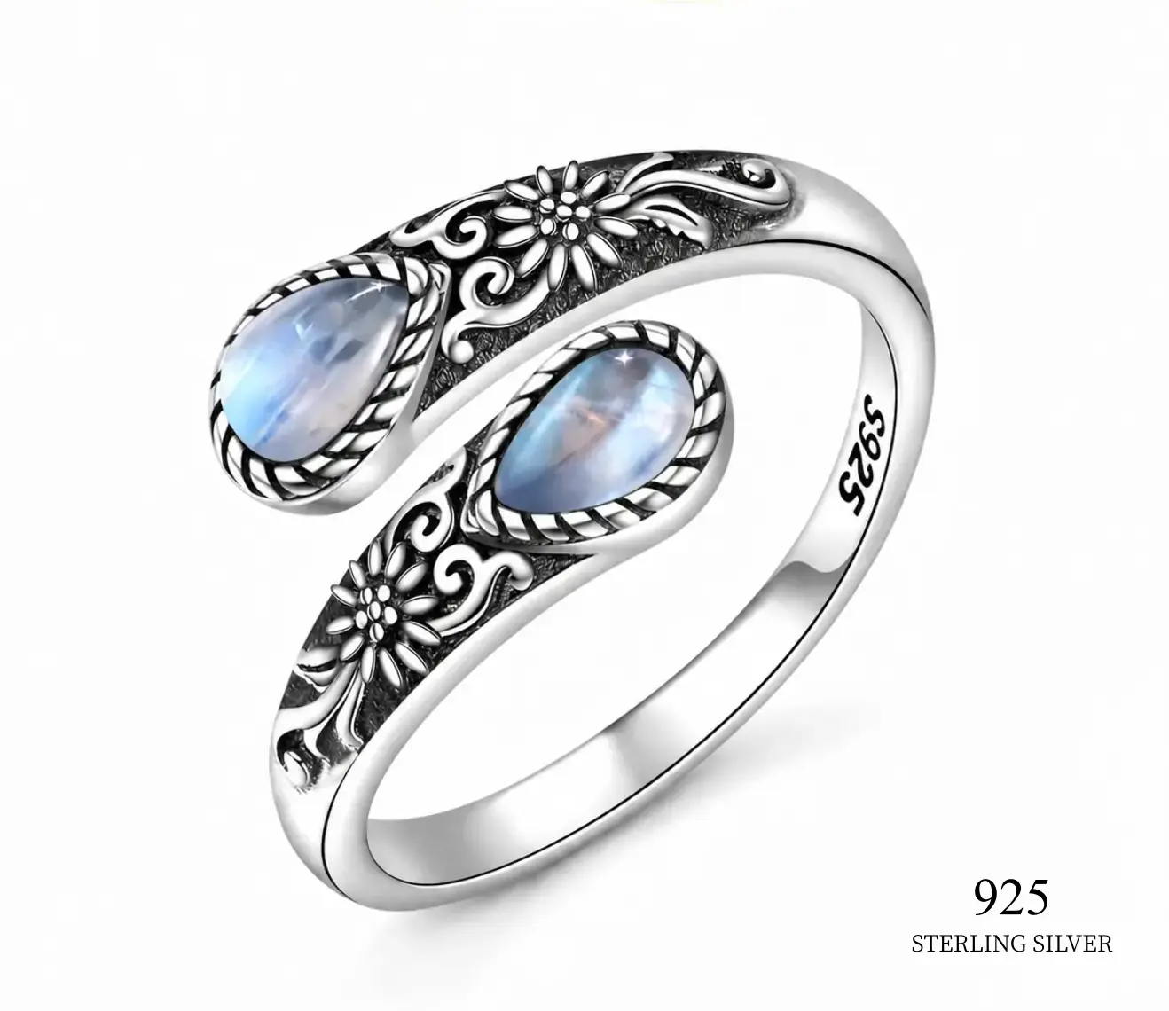 Women's S925 Sterling Silver Moonstone Adjustable Thumb Open Ring - Vintage Victorian Floral Band, Hypoallergenic Nickel-Free, Women's Fashion Female Daily Wear Jewelry Gift for Valentine’s Day, Easter, Halloween, Vintage Victorian Floral Boho, Flowers, L