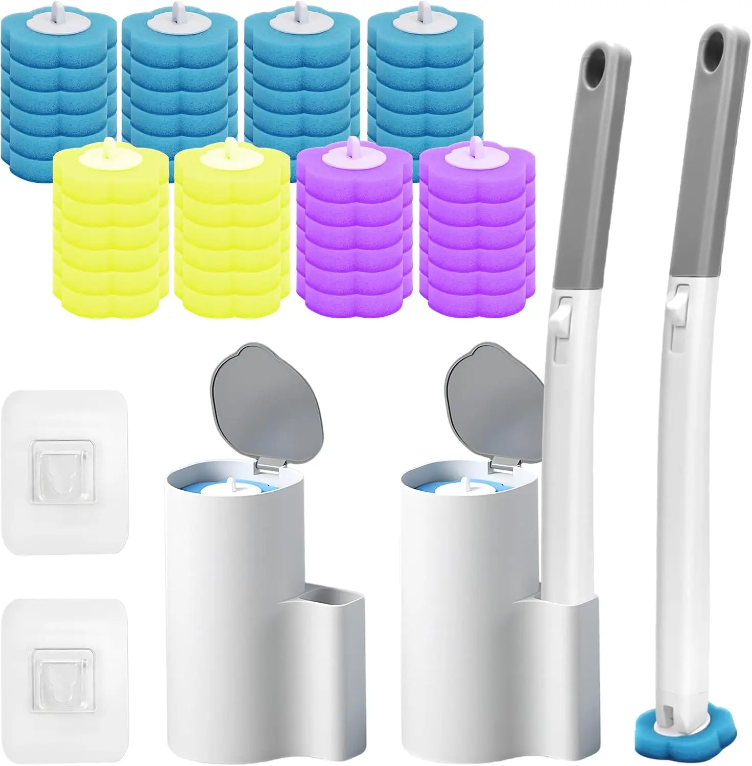 Disposable Toilet Brush & Holder Set - Magic Wand, Long Handle, Multifunctional, Eco-Friendly, Blue Ocean Fresh Scent, Sponge Refills with Detergent Layer, Easy to Clean, 2 Sets + 48 ABS Plastic Refills, Bathroom Deep Cleaning Tool Kit