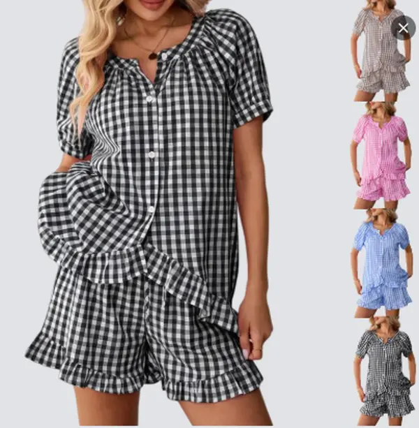 Women's Gingham Pajama Set, 2 Piece 100% Cotton Ruffle Nightwear, Flared Babydoll Top and Short Pants for Everyday Nursing Wear, Pleated, Shortsleeve, Loungewear, Simple
