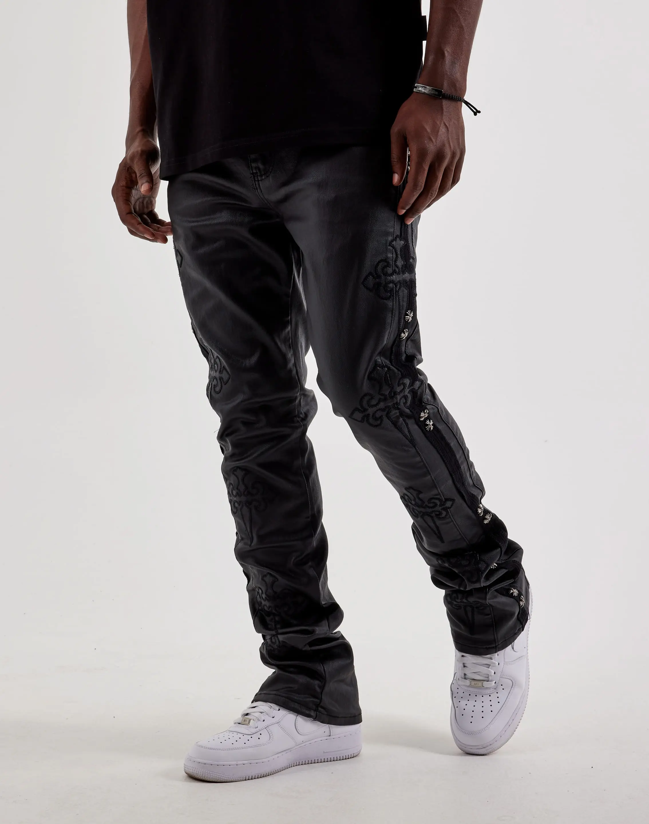 Mens WAIMEA Embroidered Sword Waxed Flared Denim Jeans