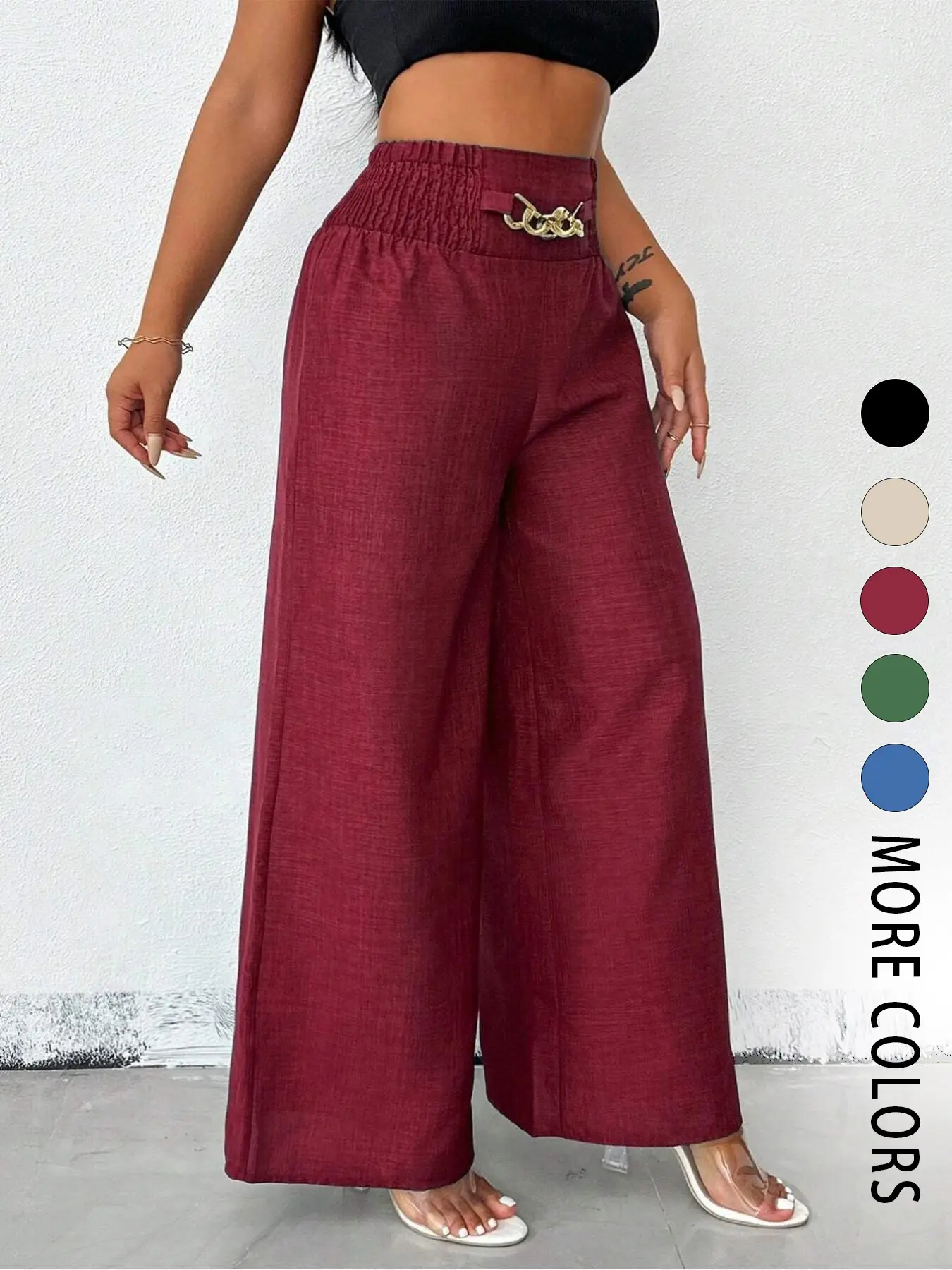 A pair of women's solid-color zipper-enclosed high-waisted stretchable loose-fitting slimming wide-leg Casual Elastic Waisted Style Bottom trousers that are versatile and suitable for all occasions Pants Casual Fashion Pants