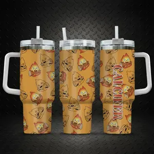 Howl's Moving Castle Calcifer 40oz Tumbler with Handle | Cute Fire Spirit Anime Travel Mug with Straw | Insulated Stainless Steel Fan Gift Idea
