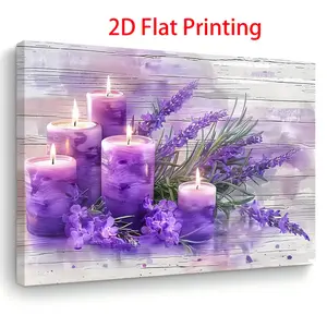2D Flat Frame Canvas Art Painting with Wooden Frame, Depicting Purple Candle and Lavender, Suitable for Decorating Living Room, Bedroom, and Kitchen. It's an Excellent Christmas Gift for Anyone