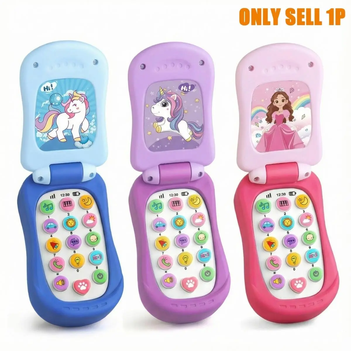 Cartoon Cute Toy Flip Phone - 3 Colors Pink Blue Purple, Light & Sound Toddler Pretend Play Phone, Educational Interactive Toy for Parent-Child Bonding Playtime
