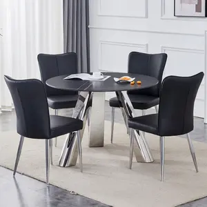 42-inch Sintered Stone Dining Table and Chair Set   Mirror-polished Stainless Steel Base  4 Black PU Chairs  Modern Luxury Round Dining Table Series On-Site