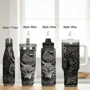 1pc 17.5/30/40oz Norse Viking Red-Eyed Wolf & Raven Stainless Steel Insulated Cup, Vacuum Insulated Cups, Portable Handle/Straight-Lid Travel Tumbler, Double-Wall Vacuum Insulated Water Bottle, Perfect for Outdoor Activities, Camping