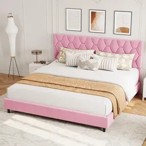 Garvee Pink King Bed Frame with Upholstered Headboard, Heavy-Duty Platform Bed Frame with Strong Wood Slats, No Box Spring Needed/Noise Free/Easy Assembly