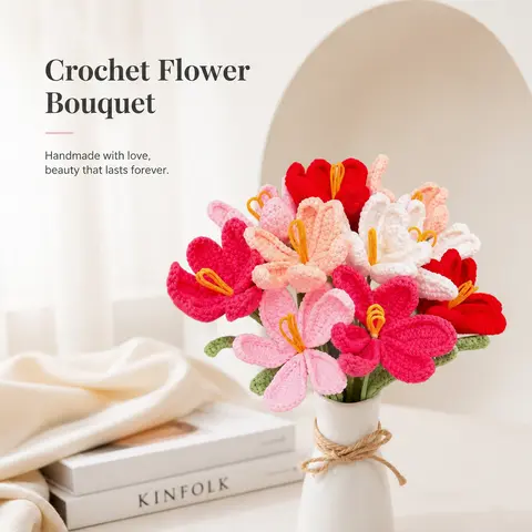 Handmade Crochet Flowers Bouquet - Maintenance-Free Artificial Flowers, Fall Room Decor, Mother’s Day Gift, Any Surface Home Decor Accessory (Vase Not Included)