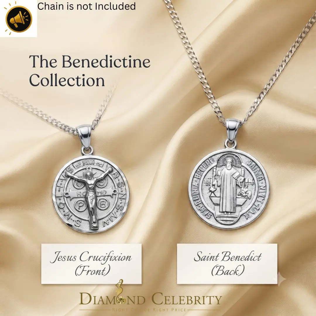 DiamondCelebritees Double Side Jesus Crusification & ST Benadict Men/Women Pendant White 925 Silver