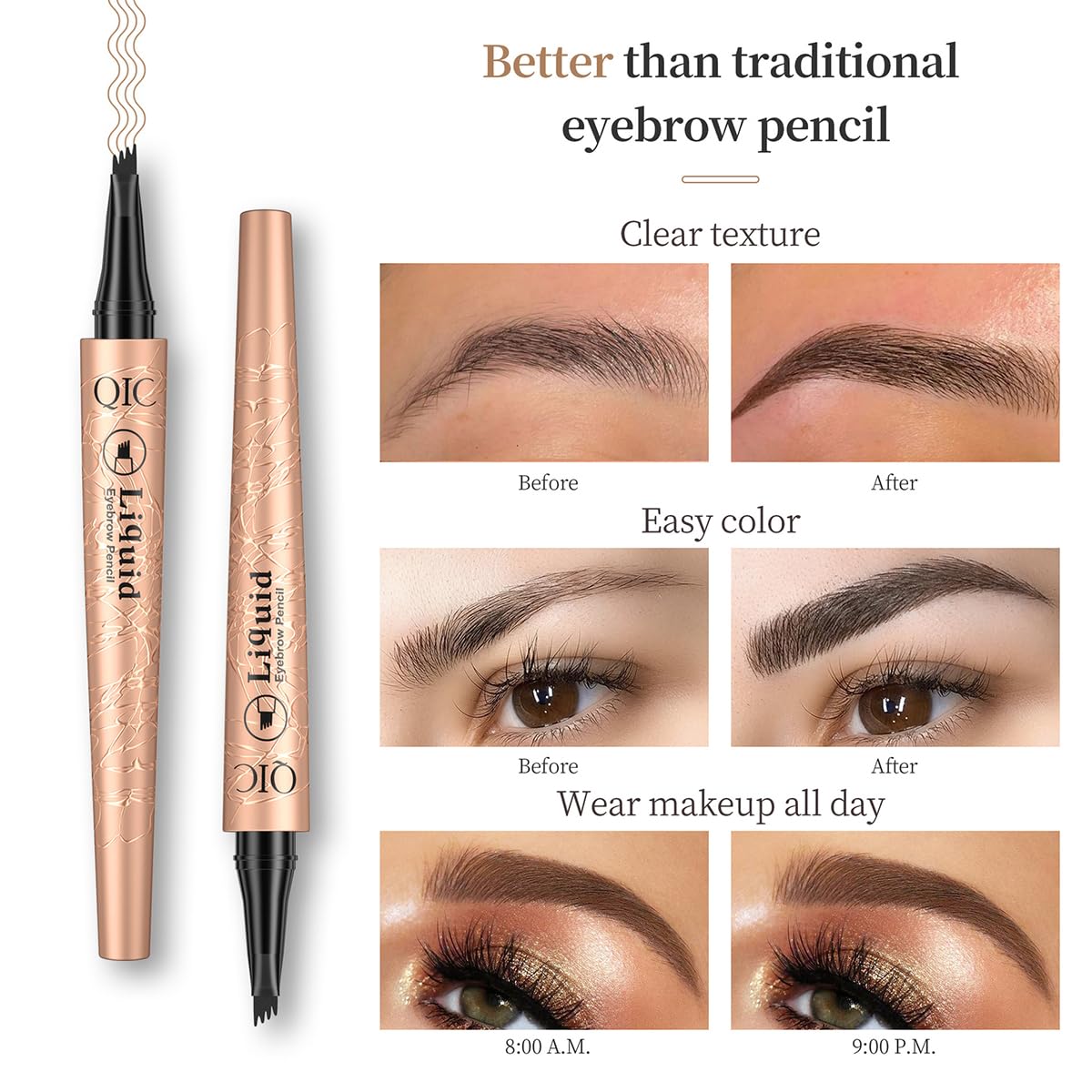 QIC 4-Tip Microblading Eyebrow Pencil, Waterproof Long-Lasting 3D Brow Pen, Natural Looking Brow Makeup Tool for Women Daily Use & Gift