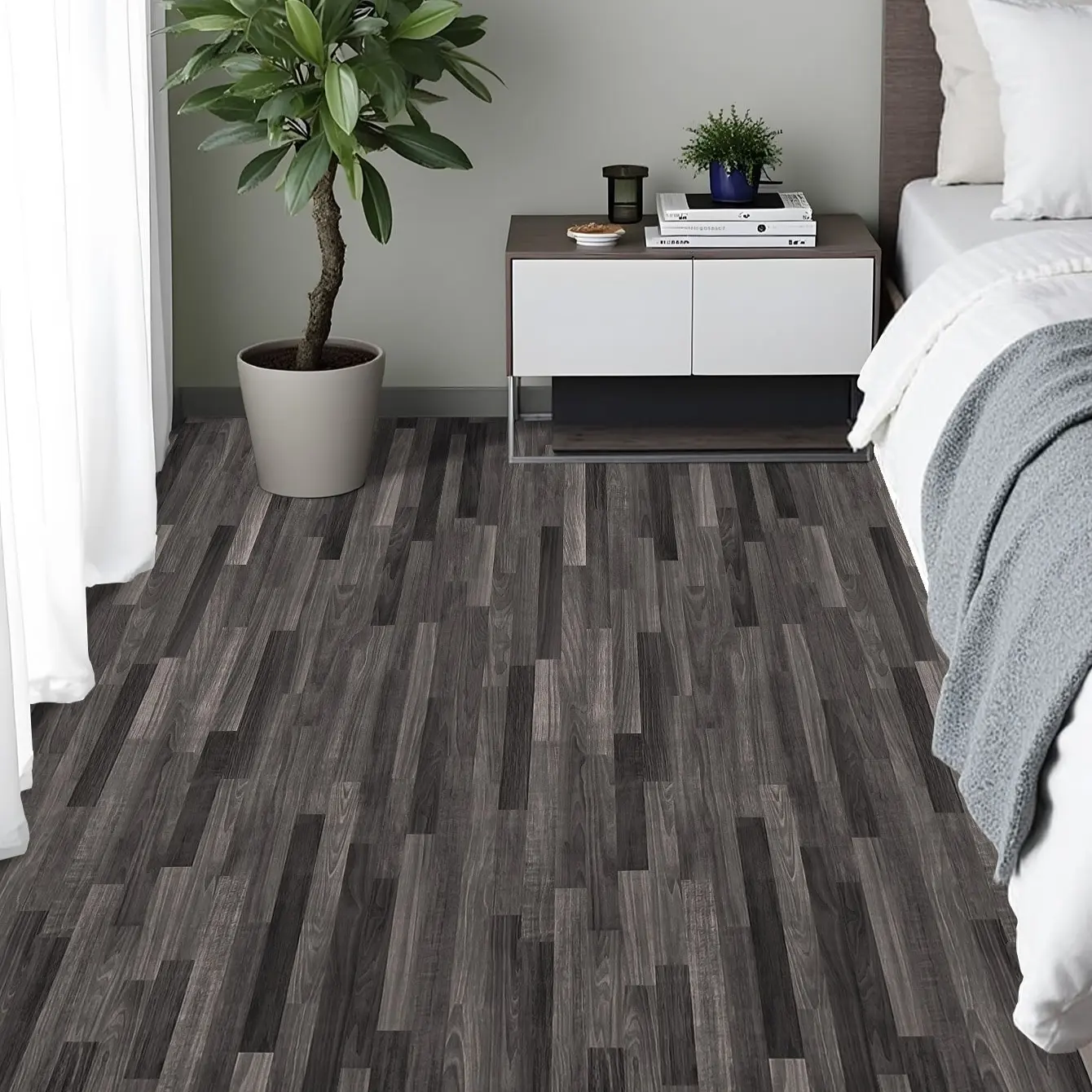 Gray Self-Adhesive Durable Vinyl Floor Tile Roll - Water Resistant Vinyl Sheet Flooring for Bedroom, Kitchen, Bathroom, Creates Brighter & Cleaner Space, Stick On Tiles