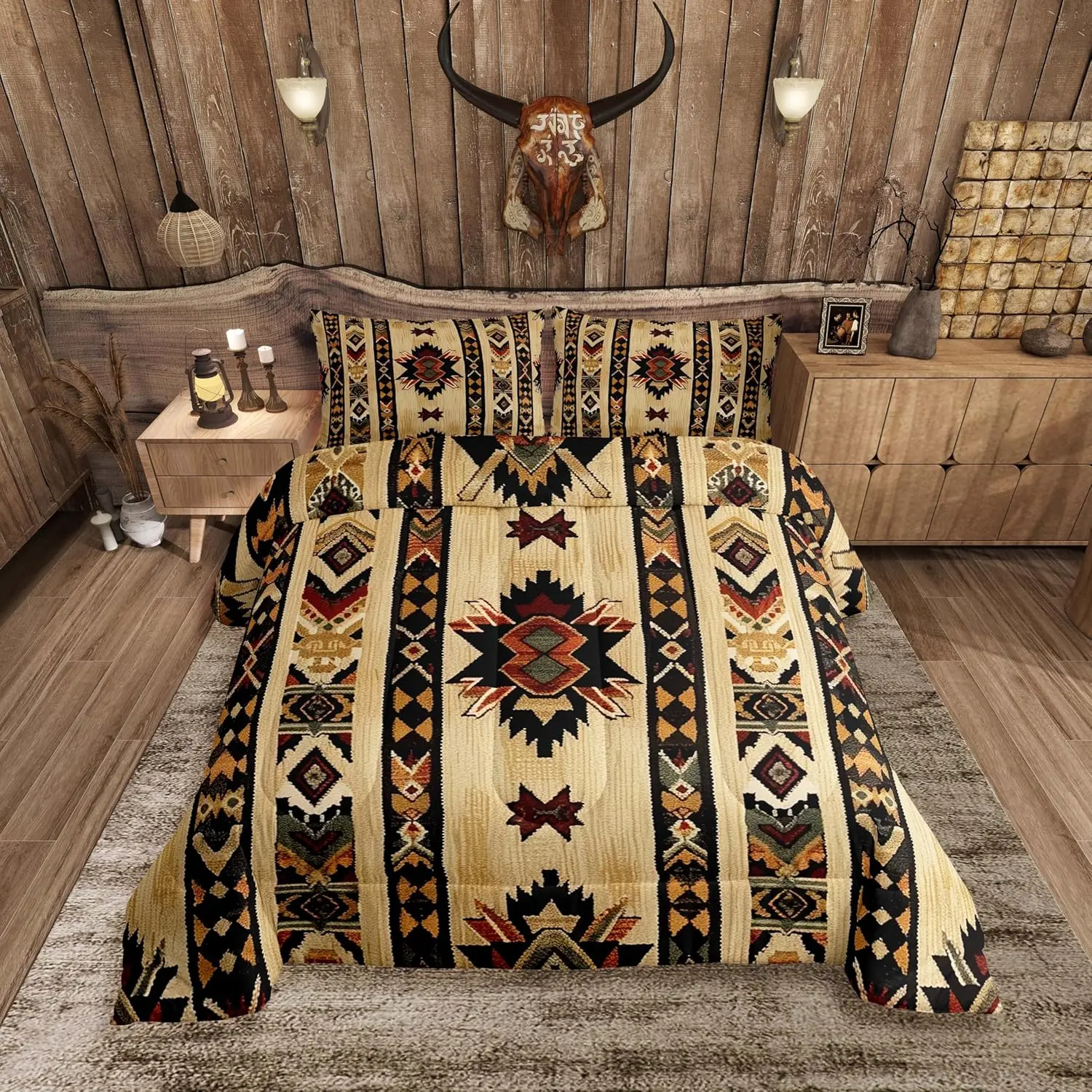 Feelyou Queen Microfiber Comforter Set - Aztec Boho Vintage Tribal Native American Southwestern Bedding, Striped Ethnic Print Quilt, Exotic Household Bedroom Decor Duvet Set, Aztec Bedding Set, Boho Quilt Set