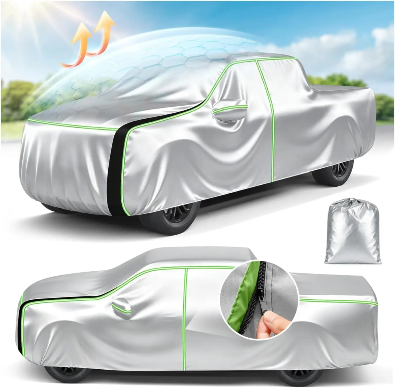 KUST 420D Heavy Duty Fabric Truck Cover (Size M) - All Season Cover, Waterproof, All-Weather Outdoor Sun UV Rain Protection, Zippered, Universal Fit for Colorado, Tacoma Regular Cabs (Up to 210 in Length) with Storage Bag, Car Covers For Automobiles, W