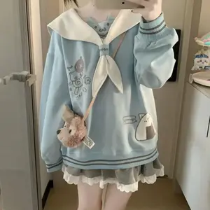 Y2K Lolita Kawaii Top - Women's Japanese Sweet Sailor Collar, Cat Embroidery Bow Hoodie Sweatshirt