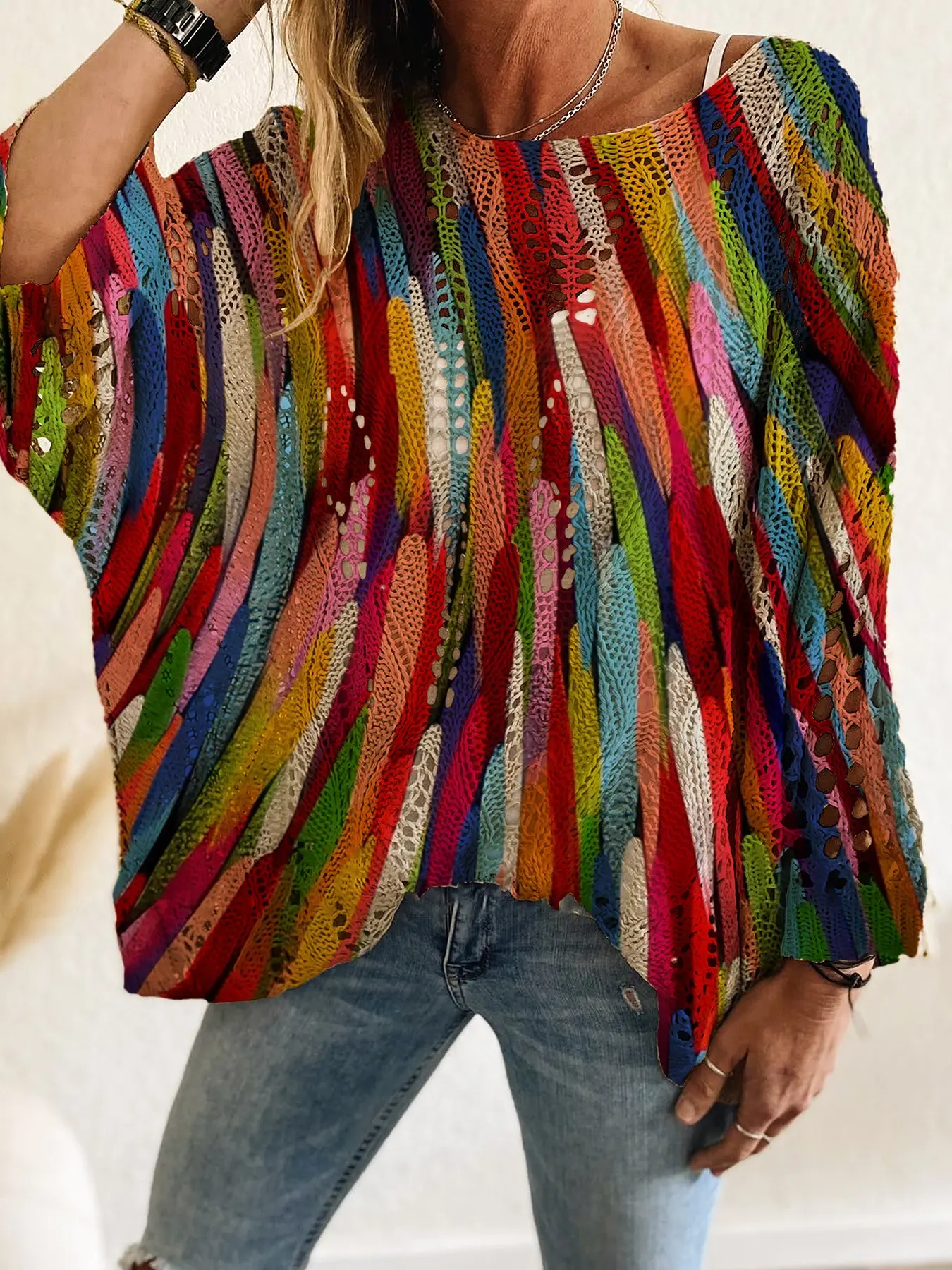 Women's Casual Fashion Knitwear Long Sleeve Batwing Lightweight Knit Top, Heart Pattern Design, Loose Fit, Perfect for Spring & Summer, Ideal for Daily Wear, Knitwear, Chic, Knitted, Knitting