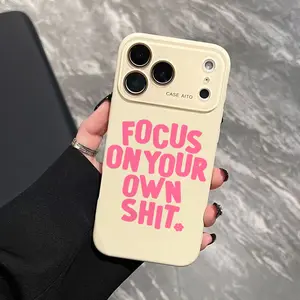FOCUS ON YOUR OWN SHIT Pink Slogan Dopamine Ins Style Solid Color Phone Case with Ultra Skin friendly Touch, All Inclusive Lens Phone Case Suitable for Apple 17 16 15 14 13 12
