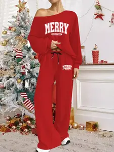 Elegant wide leg pants with off shoulder long sleeves set, gingerbread man pattern, Christmas set, sloping shoulder design is both fashionable and trendy, comfortable high waisted pants suitable for women, suitable for daily and holiday wear
