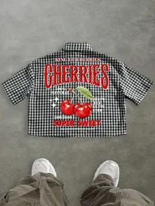 Men’s Y2K Cherry Print Gingham Cropped Button-Down Shirt, Vintage Sweet Streetwear, Soft Breathable Fabric, Casual Loose Fit for Daily, Summer, Harajuku Aesthetic