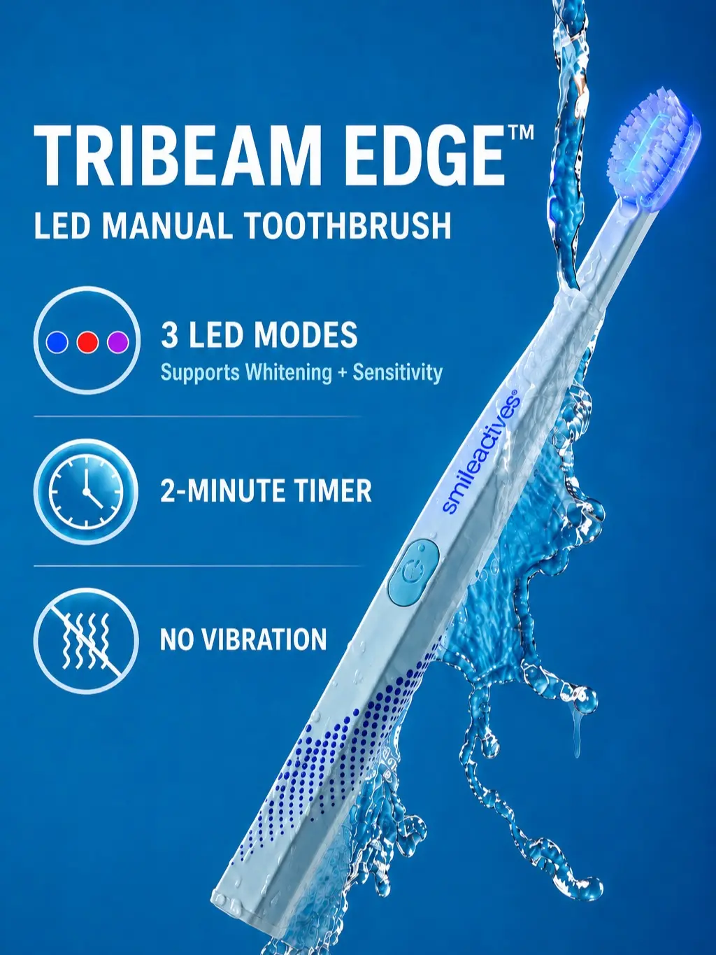 Smileactives TriBeam Edge LED Manual Toothbrush for Whitening Support - 3 Light Modes, 2-Minute Timer, No Vibration