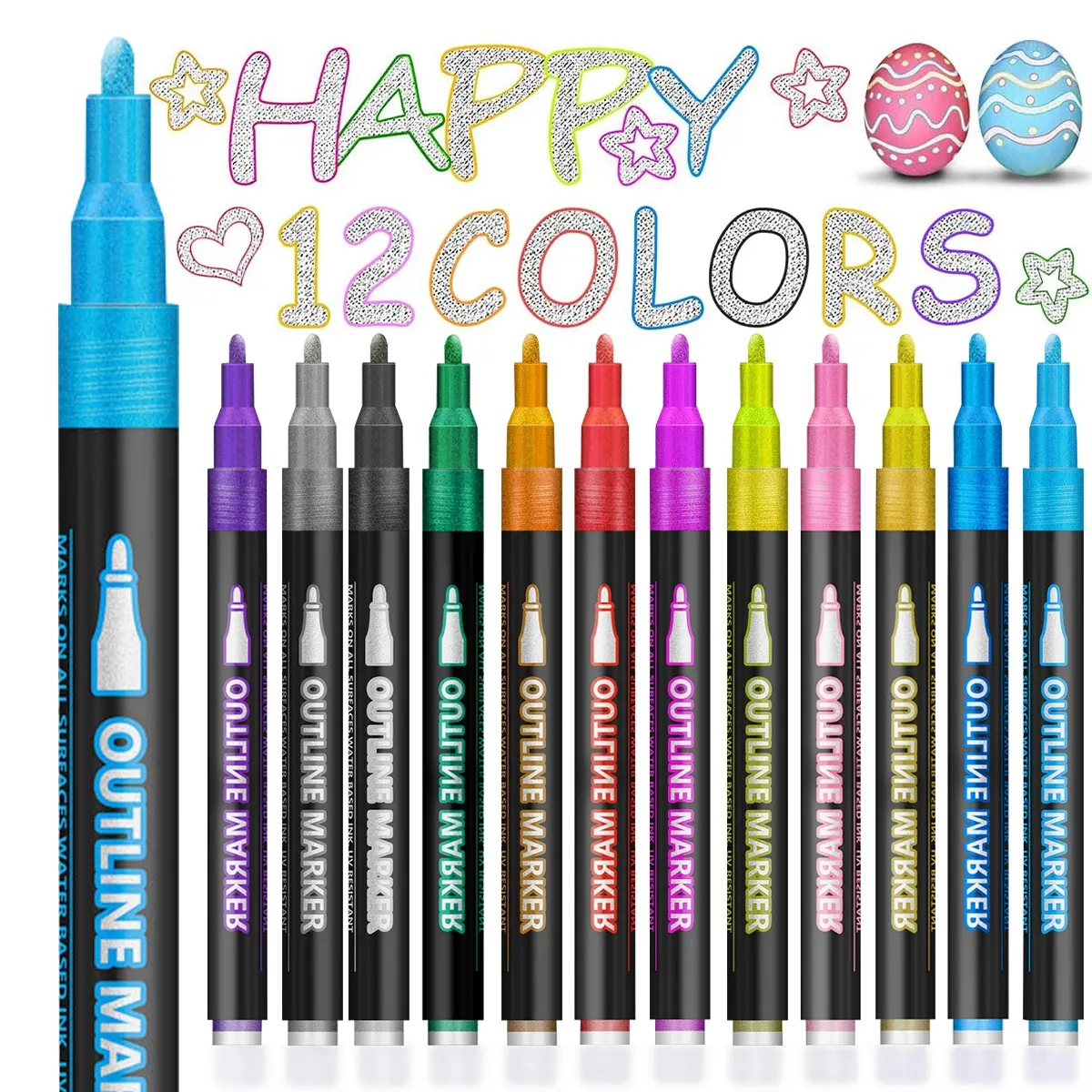 Outline Glitter Gel Markers (8/12 Count) - Glitter Finish, Shimmer Metallic, Cute Design Journaling Supplies, Gel Ink Gives Smooth Glossy Lines, Coloring & Art Supplies, Easter Gifts for 4-12 Year Old Girls, Office Stationery