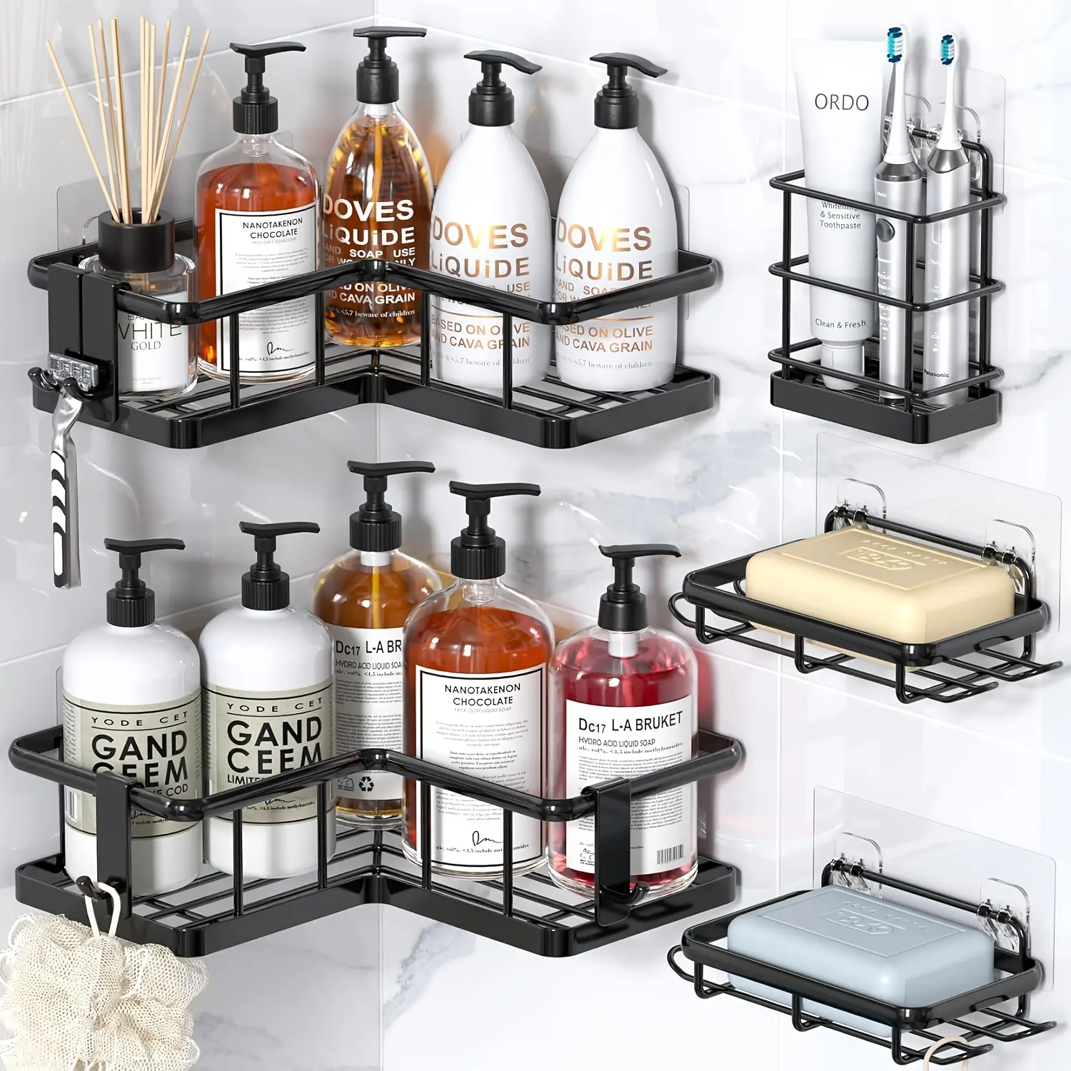 Black Minimalist Hollow Wall-Mounted Bathroom Accessory Set with No-Drill Stable Thick Shelves, Shower Basket & Toothbrush Holder - Casual Kitchen Tools and Gadgets for Bathroom, Laundry Room, Balcony Storage (Ideal for Renters)