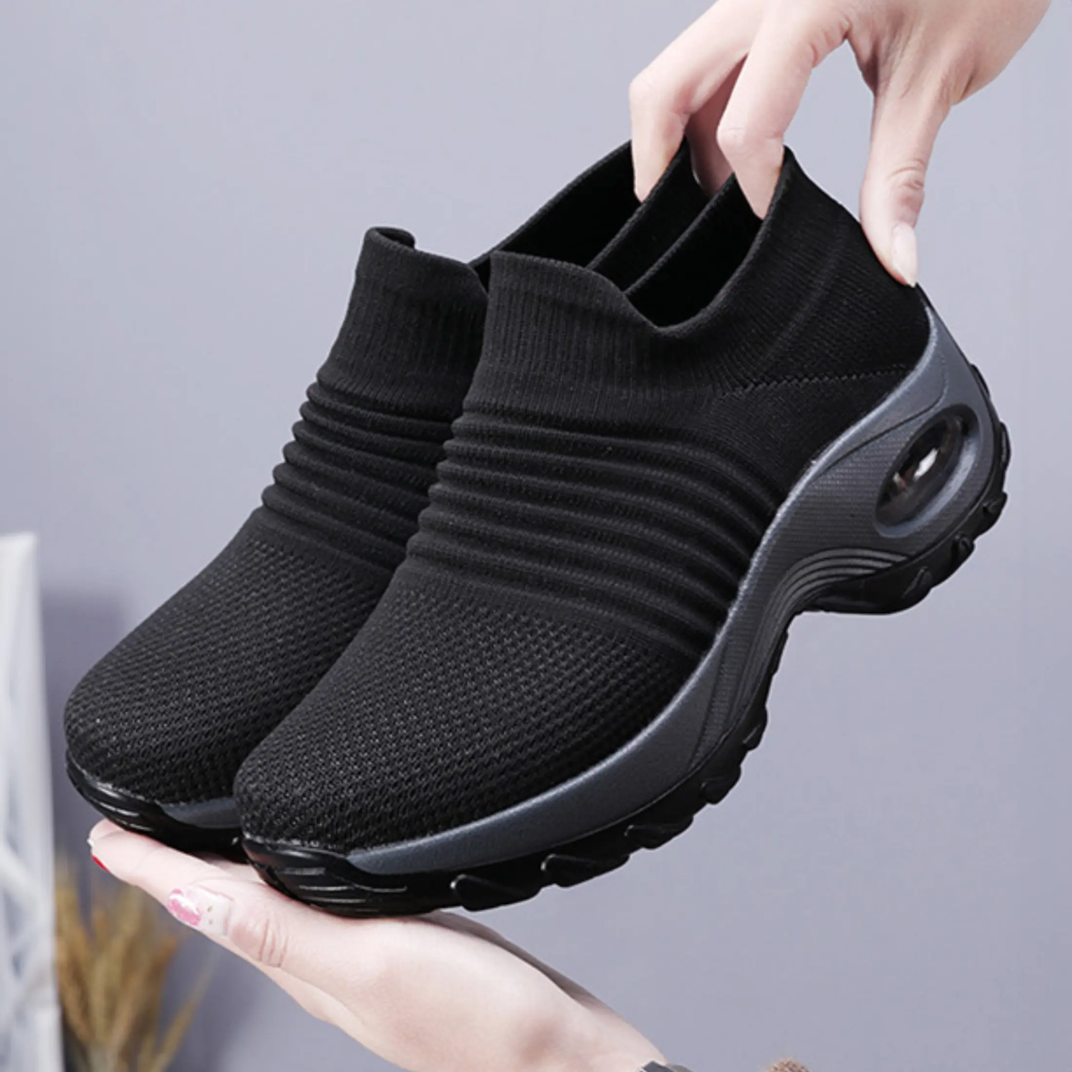 Women's Sock Sneakers with Air Cushion Sole - Black Knit Slip-On Walking Shoes for Comfort & Style Indoor Outdoor Shoes Breathable Lightweight Footwear
