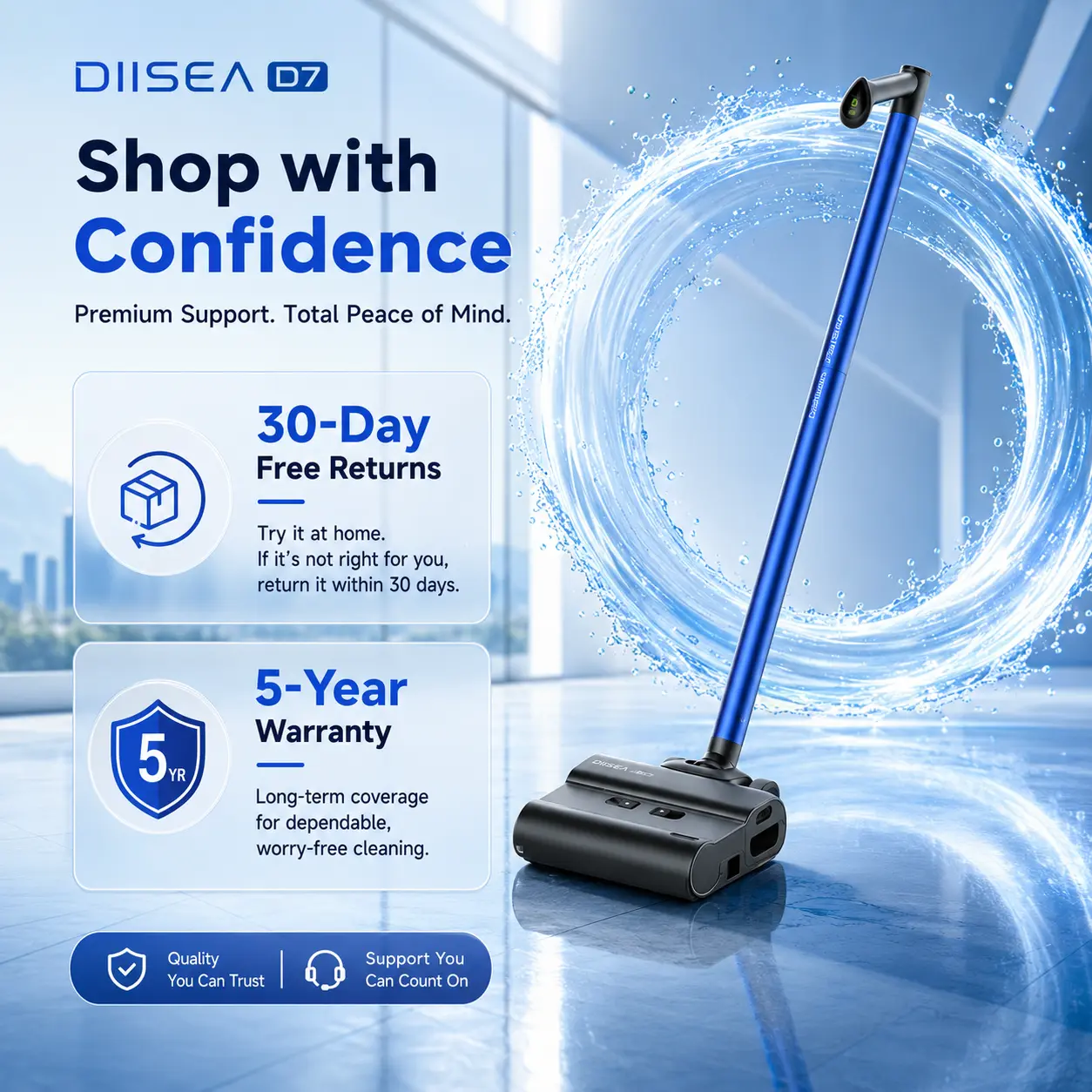 DIISEA D7 Lightweight Wet Dry Vacuum & Floor Washer: 3kg Slim Body with 180° Flat Recline for Low Spaces, No-Hair-Tangle Polymer Roller, 55dB Ultra Quiet & 99.99% Sanitizing for Pets & Kids