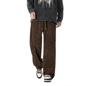 Men's Soft Brown Leopard Print Wide Leg Pants, Casual Drawstring Baggy Trousers, Perfect for Street, Skate, Daily & Streetwear