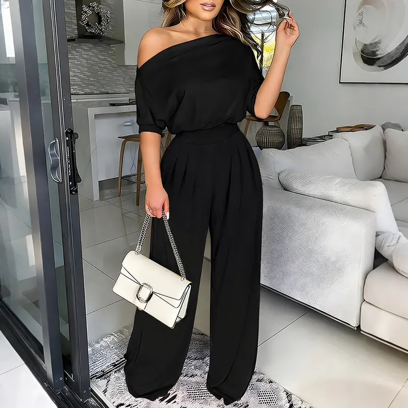 CHICME Women's Asymmetrical Neck Batwing Sleeve Polyester Jumpsuit - Smooth Basic Snatched High Waist Wide Leg Romper with Pockets, Elegant Evening Work Outfit