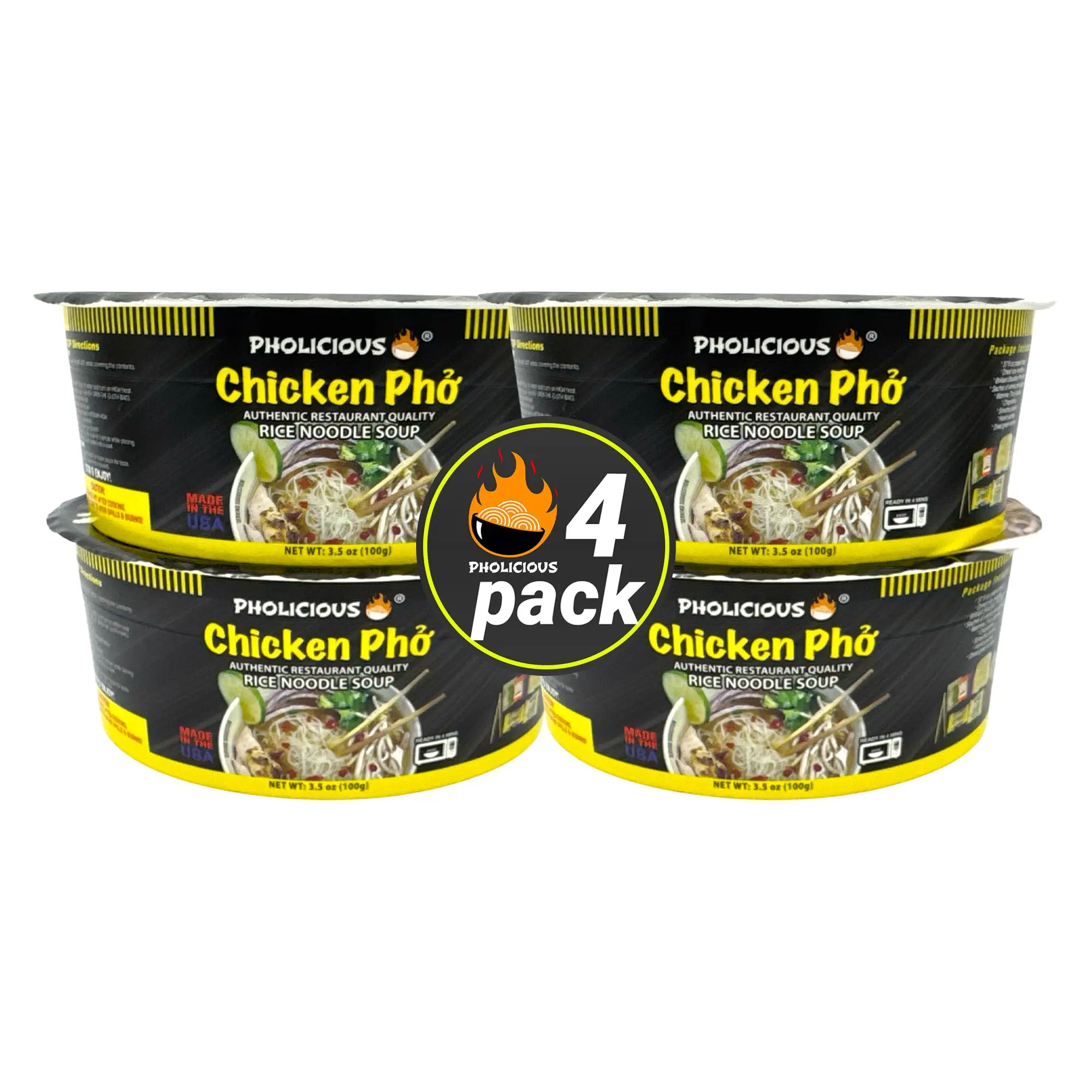 4 PACK PhoLicious Instant Chicken Pho – Authentic Vietnamese Noodle Soup Kit, Quick Microwave Meal, Chicken Flavor