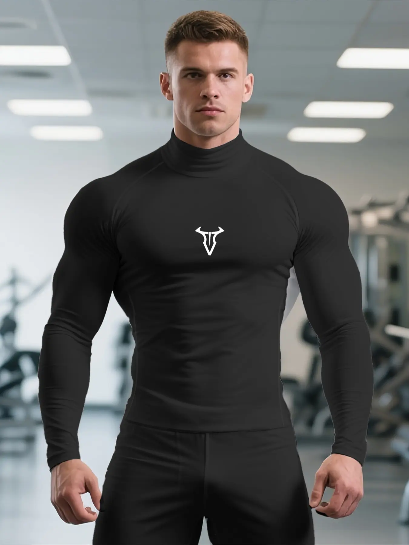 1-Pack Men's Quick Dry Stretch Fitness T-Shirt, High Neck Long Sleeve Compression Workout Top with Power Bull Print, Moisture Wicking Athletic Shirt with Elastic Fabric for All Season Wear, Gym Athletic Clothes, Gym Training & Sportswear