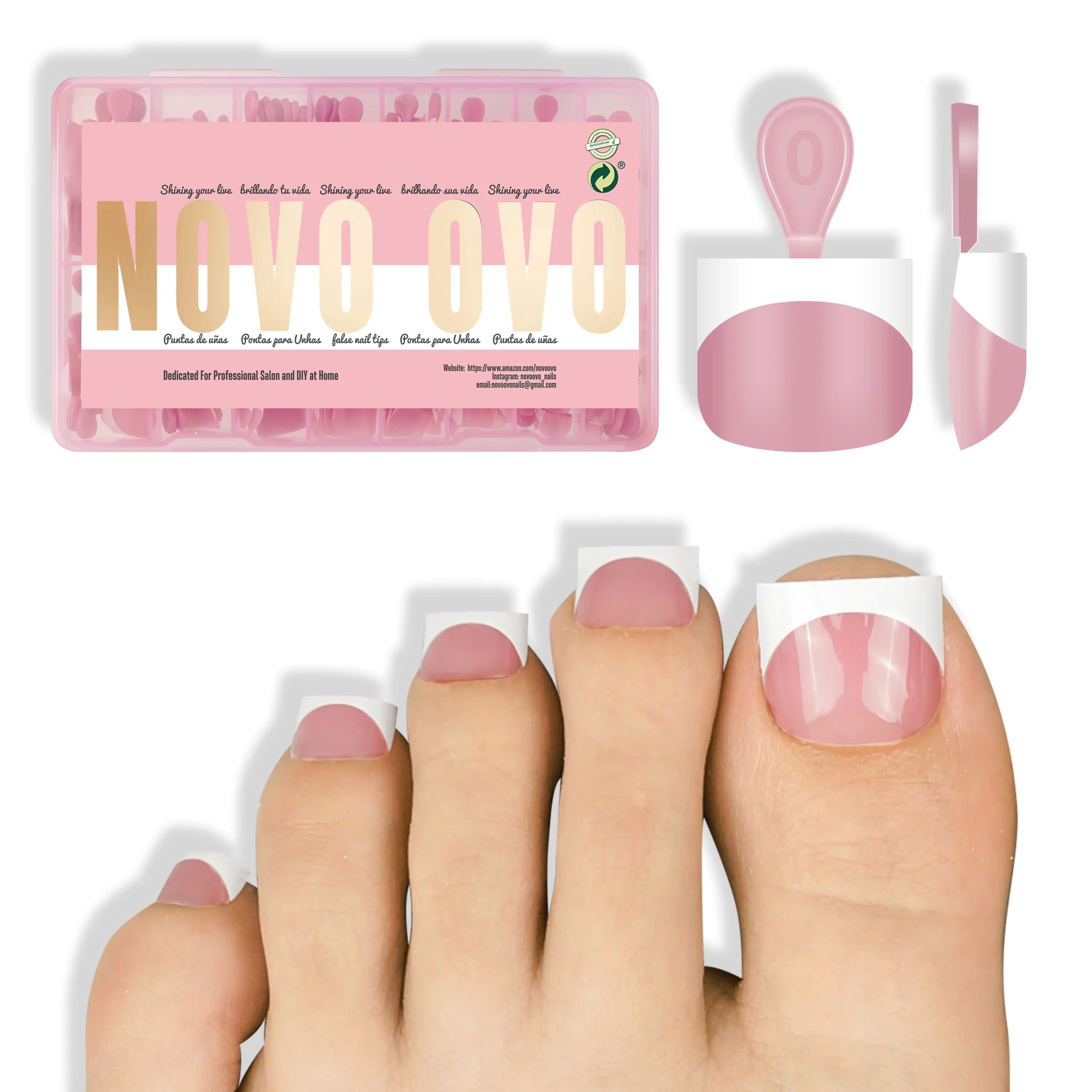【LIVE】NOVO OVO Extra Short Toe Nail Tips White French Tip BERRY PINK Sharp Square Press On, Soft Gel False Fake Toenail Extension Kit, Need Apply Top Coat Buider Gel Nail Glue, Salon DIY x 16 Sizes 224 Pcs【DOES NOT INCLUDE: LIGHT, GLUE, BUILDER GEL】