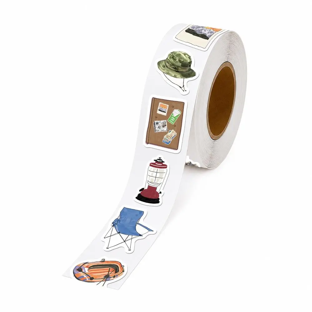 500pcs/roll Happy Camping themed Sticker Roll 10 Designs Decorative Sticker Tape Roll Self Adhesive Stickers for Journaling Scrapbooking Planner Tablet Notebook Laptop Phone Case Aesthetic Stationery Stickers Creative Decoration