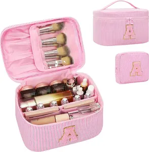 Initial Makeup Bag Set for Girls&Women,Monogram Cosmetic Bag with Brush Holder,Personalized Make Up Case for Girlfriend Graduation Teacher Gifts,Cute Toiletry Bag Preppy Chenille Letter Patch,Pink A