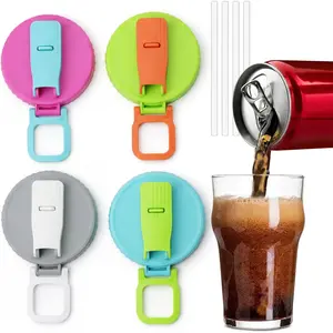 4 Pack Soda Can Lids with Silicone Straw, Reusable Soda Can Covers to Keep Carbonation, Leak-Proof BPA-Free Can Tops for 2.13" Standard Soda, Beer & Energy Drink Cans (4 Color)