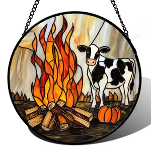 Retro Funny Cow Pumpkin Stained Glass Suncatcher Window Hanging for Door Garden Sunroom Home Decor, Fall Birthday Gift