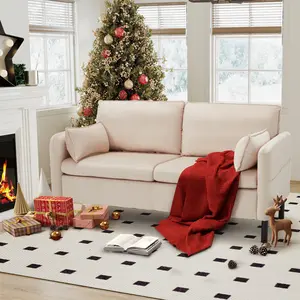 57.9" Beige Velvet Loveseat Sofa - Upholstered 2-Seater with Soft Cushions, Side Storage & Round Arms, Comfortable Durable Couch for Small Spaces, Apartments & Offices