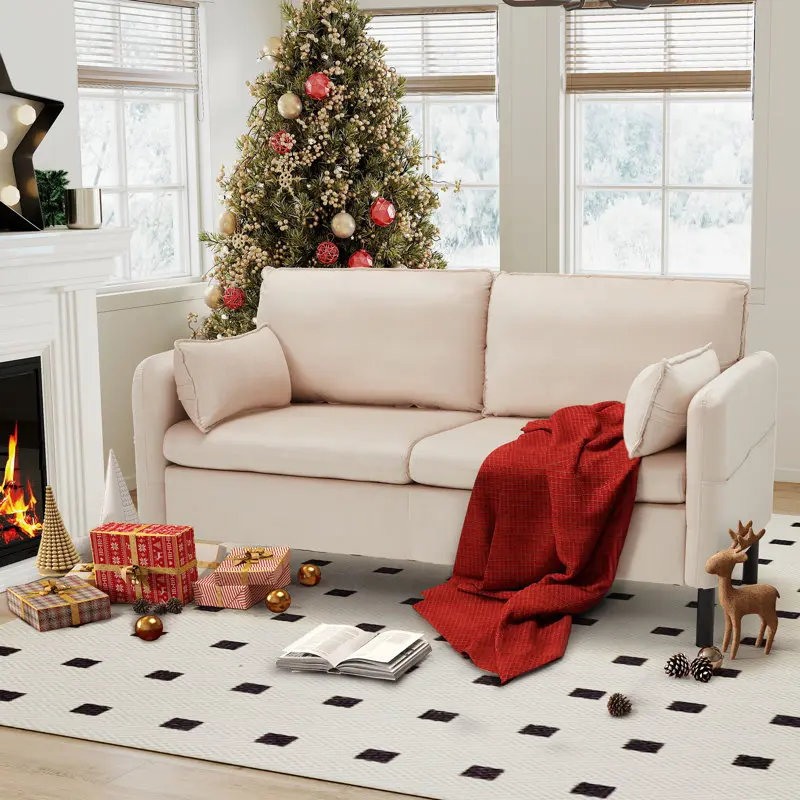 57.9" Beige Velvet Loveseat Sofa - Upholstered 2-Seater with Soft Cushions, Side Storage & Round Arms, Comfortable Durable Couch for Small Spaces, Apartments & Offices
