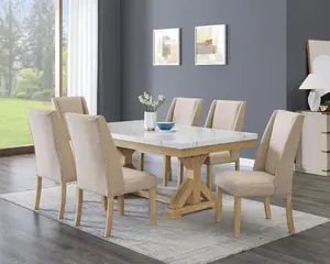 D521-D7 7 PC Clamentine Rustic Natural Finish Wood Faux Marble Top Dining Table Set with Fabric Tufted Upholstered Side Chairs for Elegance