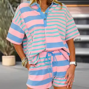 Women's 2-Piece Stripe Matching Set, Casual Loose Lounge Sweatsuit with Exposed Seam, Patchwork Shorts & Pockets - Women's Clothes, Ladies' Clothes, 2 Piece Sets