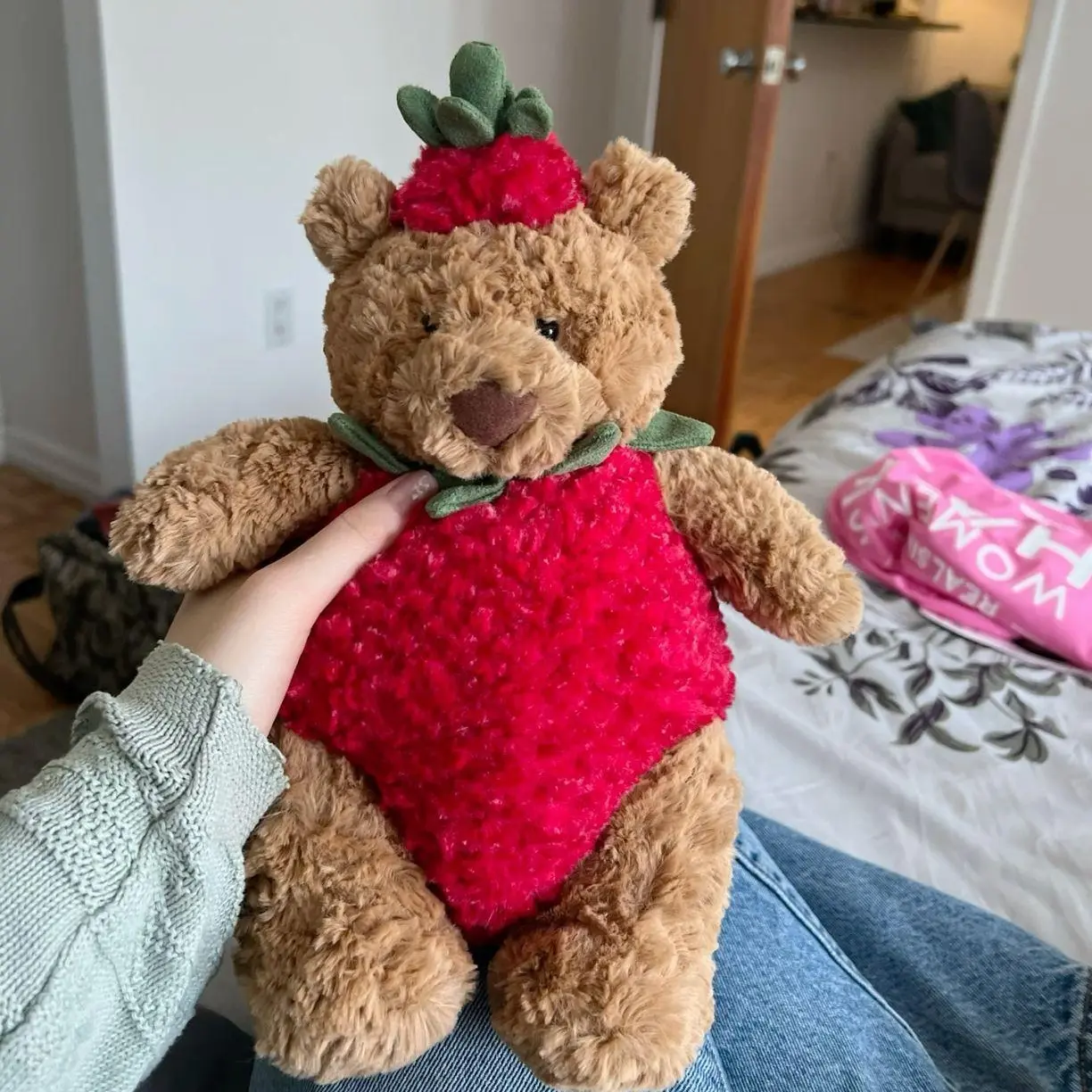 Strawberry  Jellycat Bartholomew Bear Strawberry Plush – Soft Stuffed Teddy Bear with Strawberry Outfit, Cute Keychin