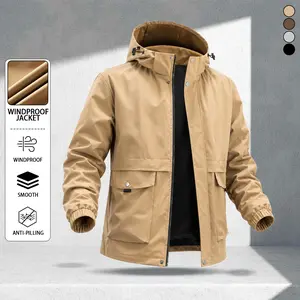 Spring/autumn outdoor khaki utility hooded jacket with flap cargo pockets, tear-resistant woven fabric and elastic cuffs; suitable for spring city walks, weekend market shopping, and casual gatherings with friends.