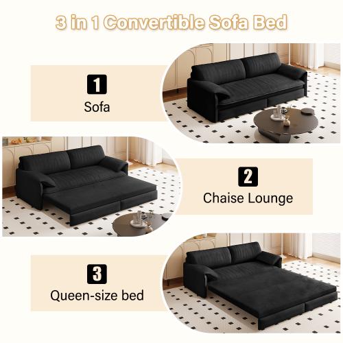 66" Queen Size Pull Out Sofa Bed, 3-in-1 Multi-Functional Velvet Sleeper Loveseat with Side Storage for Living Room Bedroom,Grey/Black/Blue