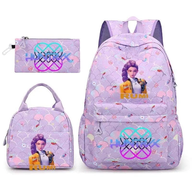 Purple Mermaid‑Scale KPOP RUMI Character Print 3‑Piece Backpack Set, Multi‑Pocket Girls School Bookbag, Matching Lunch Tote Bag and Zipper Pencil Pouch, Teen Girls Casual Travel Daypack