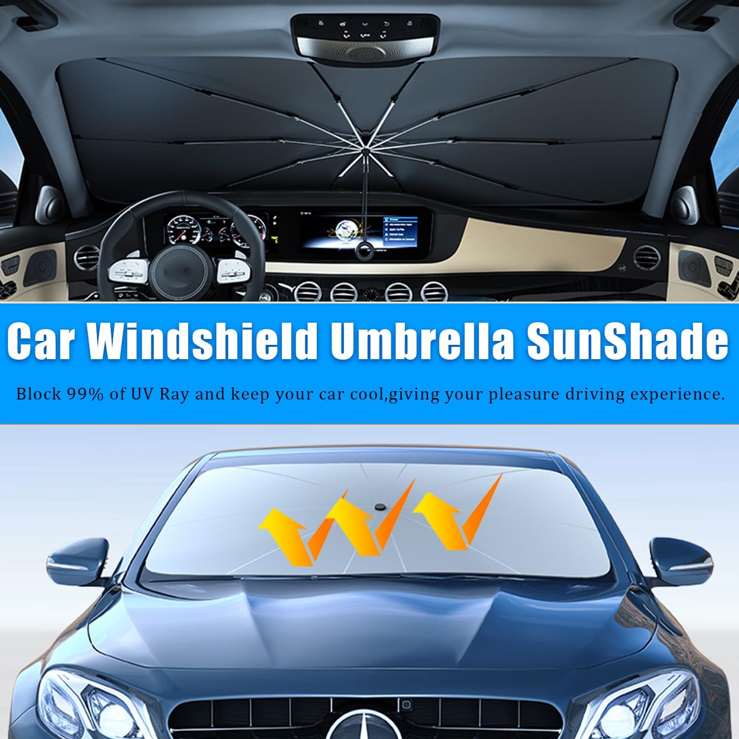 [Summervibes] 2026 Upgraded Car Windshield Sun Shade Umbrella with Pull Cord, Foldable Car Umbrella Sunshade with UV Block Car Front Window, Ten Strand Convex Umbrella Frame Retractable Sunscreen for Most Cars/SUV